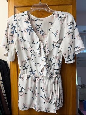 Sienna Sky White Floral Wrap Blouse with Pink and Blue Accents